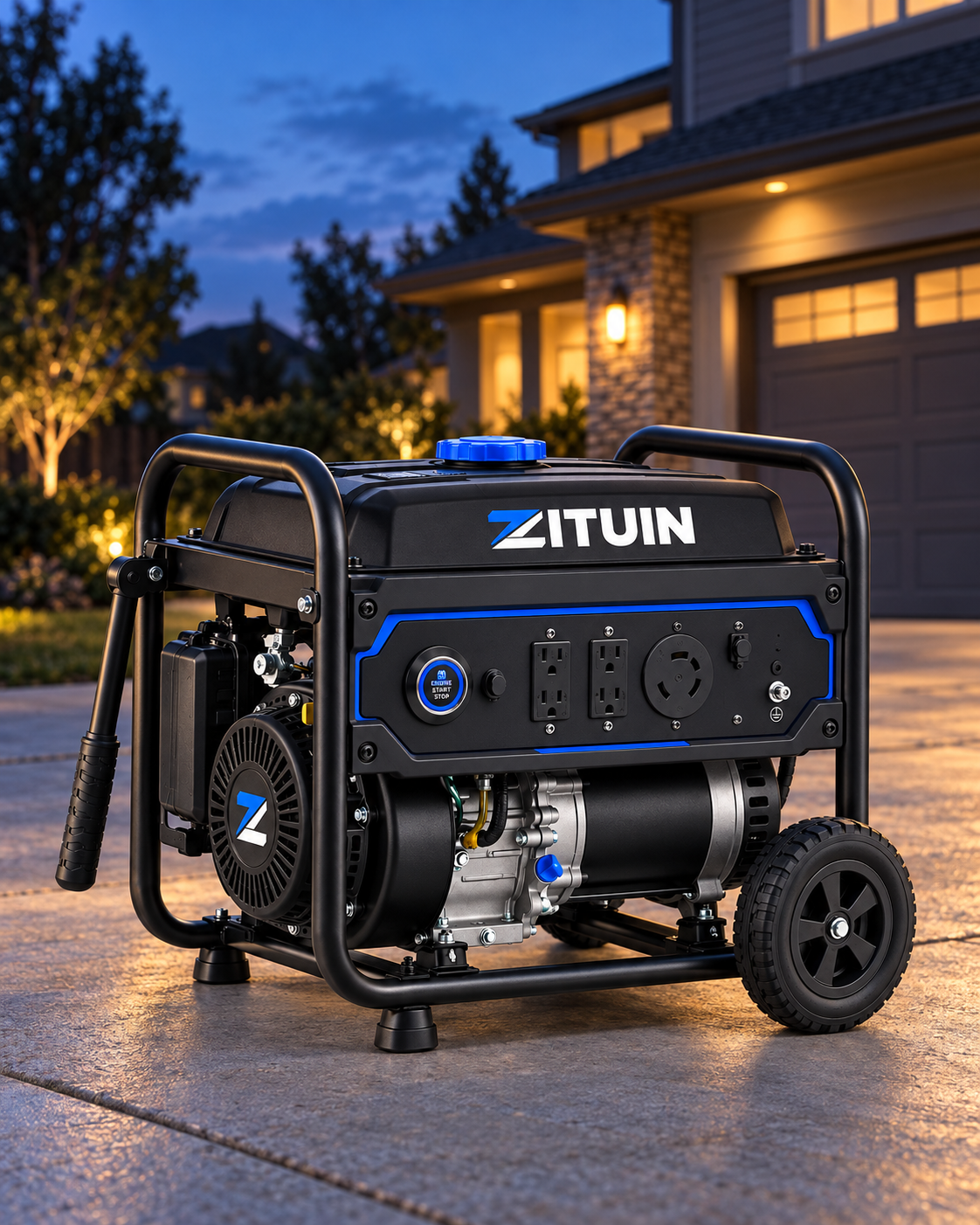 Zituin G3500 portable generator on a home driveway at dusk